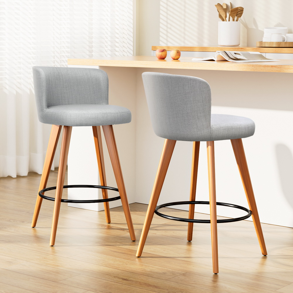 Artiss 2x Bar Stools Linen Padded Wooden Grey - Image 8