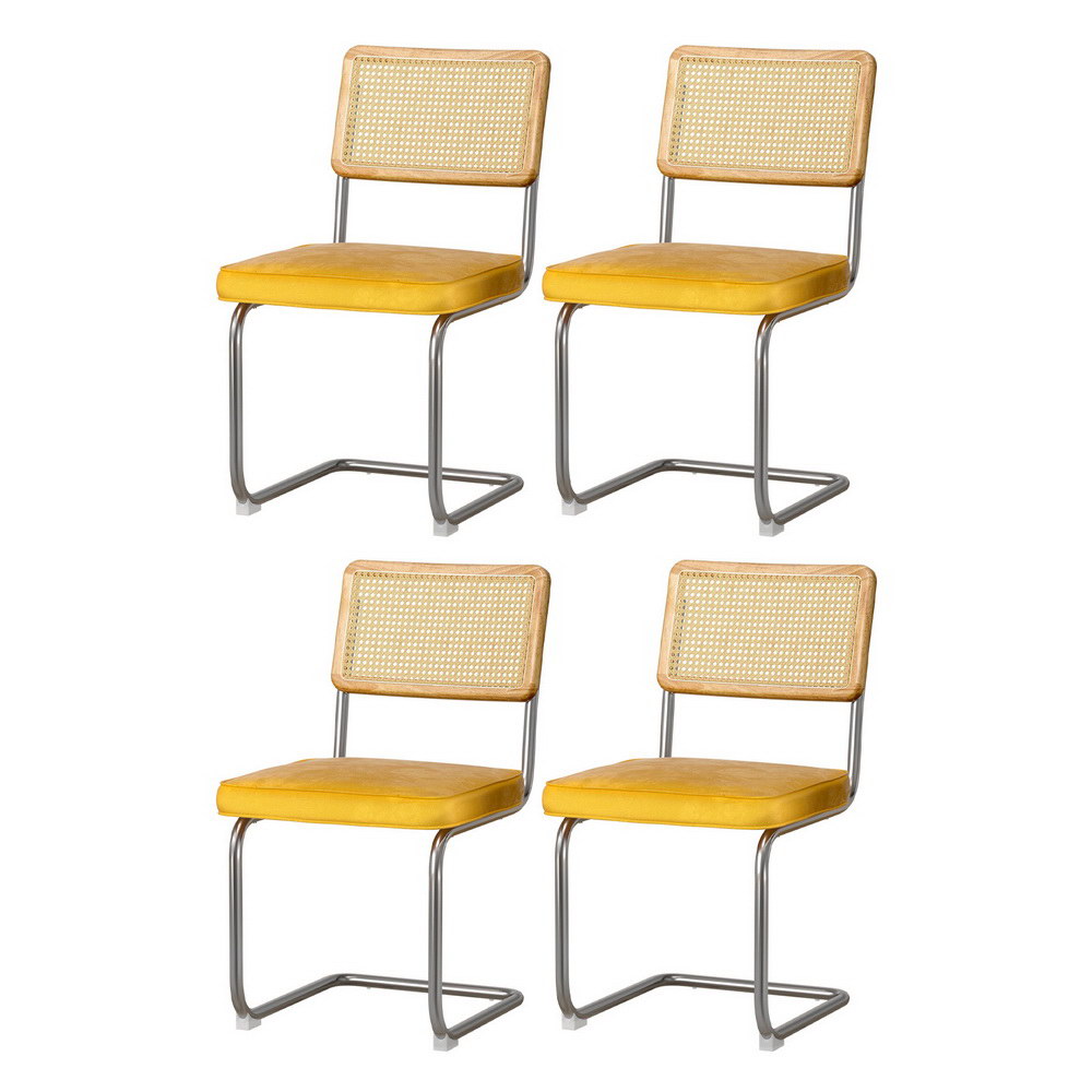 Artiss Dining Chairs Set of 4 Velvet Rattan Cantilever Yellow