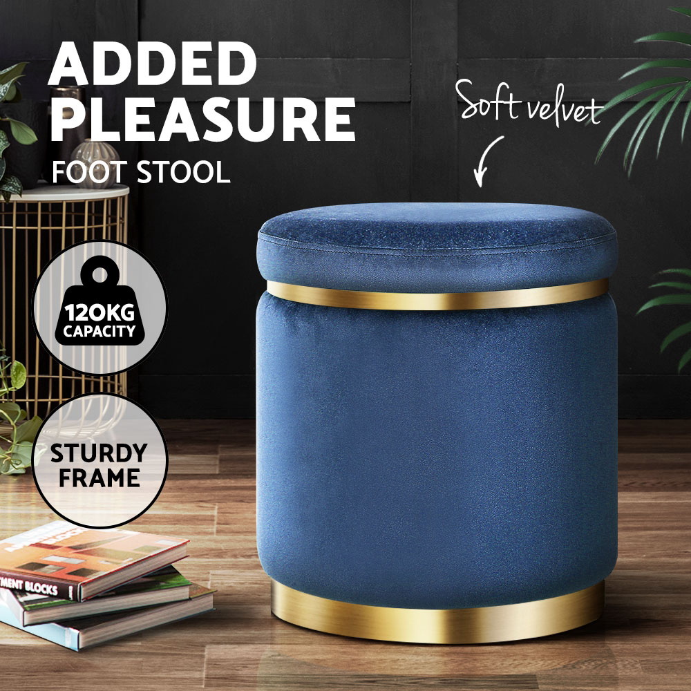 Artiss Ottoman Foot Stool Round Velvet Navy - Image 3