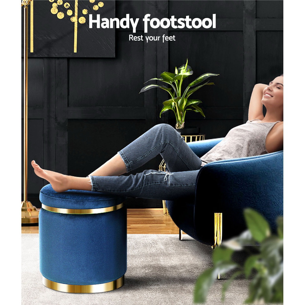 Artiss Ottoman Foot Stool Round Velvet Navy - Image 4