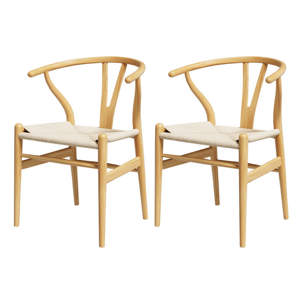 Set of 2 Artiss Dining Chairs Wooden Rattan Seat Wishbone Back - Image 7