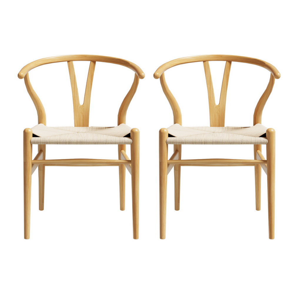 Set of 2 Artiss Dining Chairs Wooden Rattan Seat Wishbone Back - Image 3