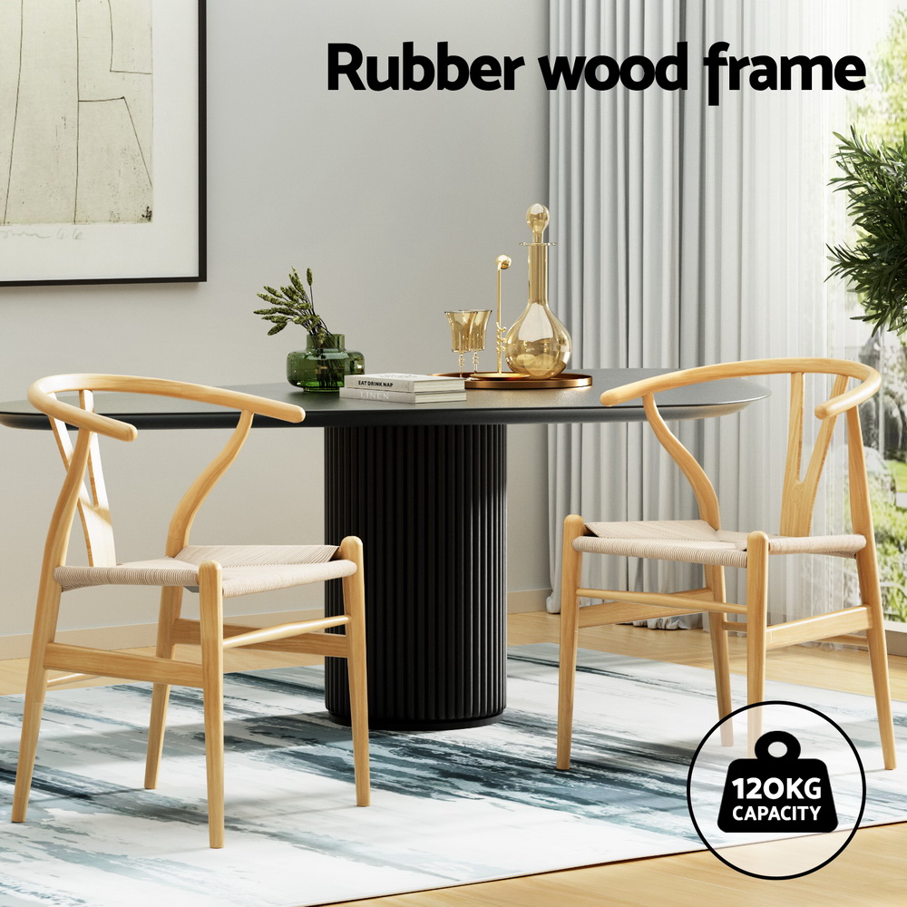Set of 2 Artiss Dining Chairs Wooden Rattan Seat Wishbone Back - Image 4