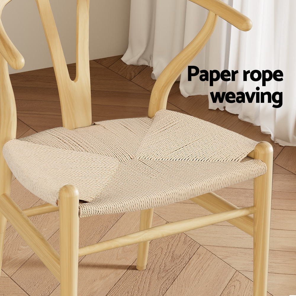 Set of 2 Artiss Dining Chairs Wooden Rattan Seat Wishbone Back - Image 6