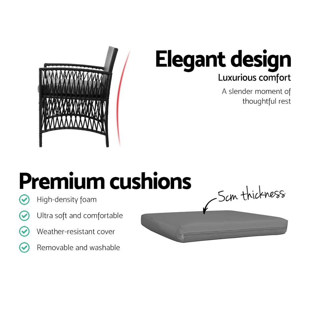 Gardeon 3PC Outdoor Bistro Set Patio Furniture Wicker Dining Chairs Table Cushion Black - Image 6