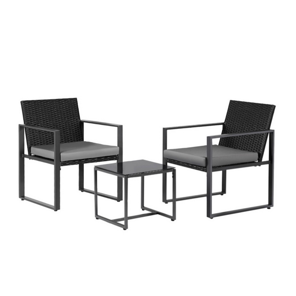 Gardeon 3PC Outdoor Bistro Set Patio Furniture Wicker Dining Chairs Table Cushion Black - Image 3