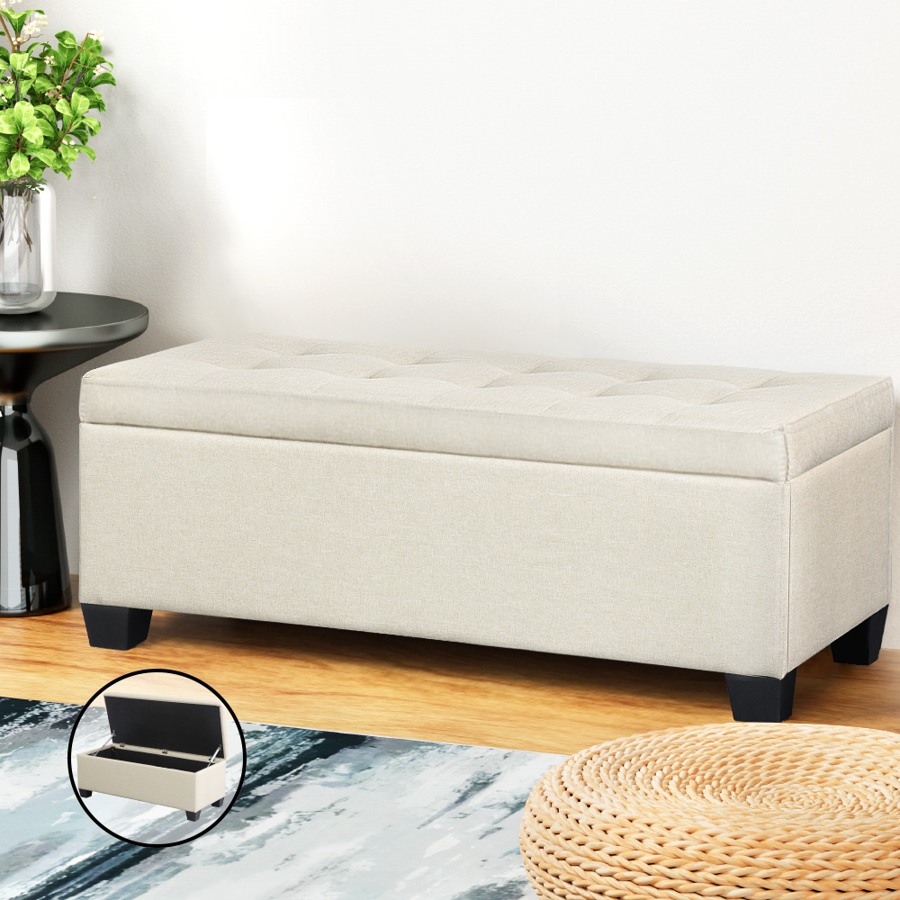 Artiss Storage Ottoman Blanket Box 97cm Linen Beige - Image 7