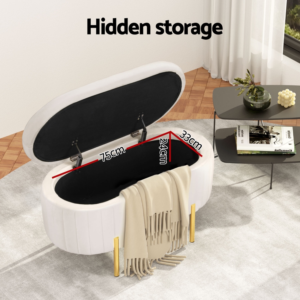 Artiss Storage Ottoman Blanket Box 87cm Velvet Oval White - Image 5