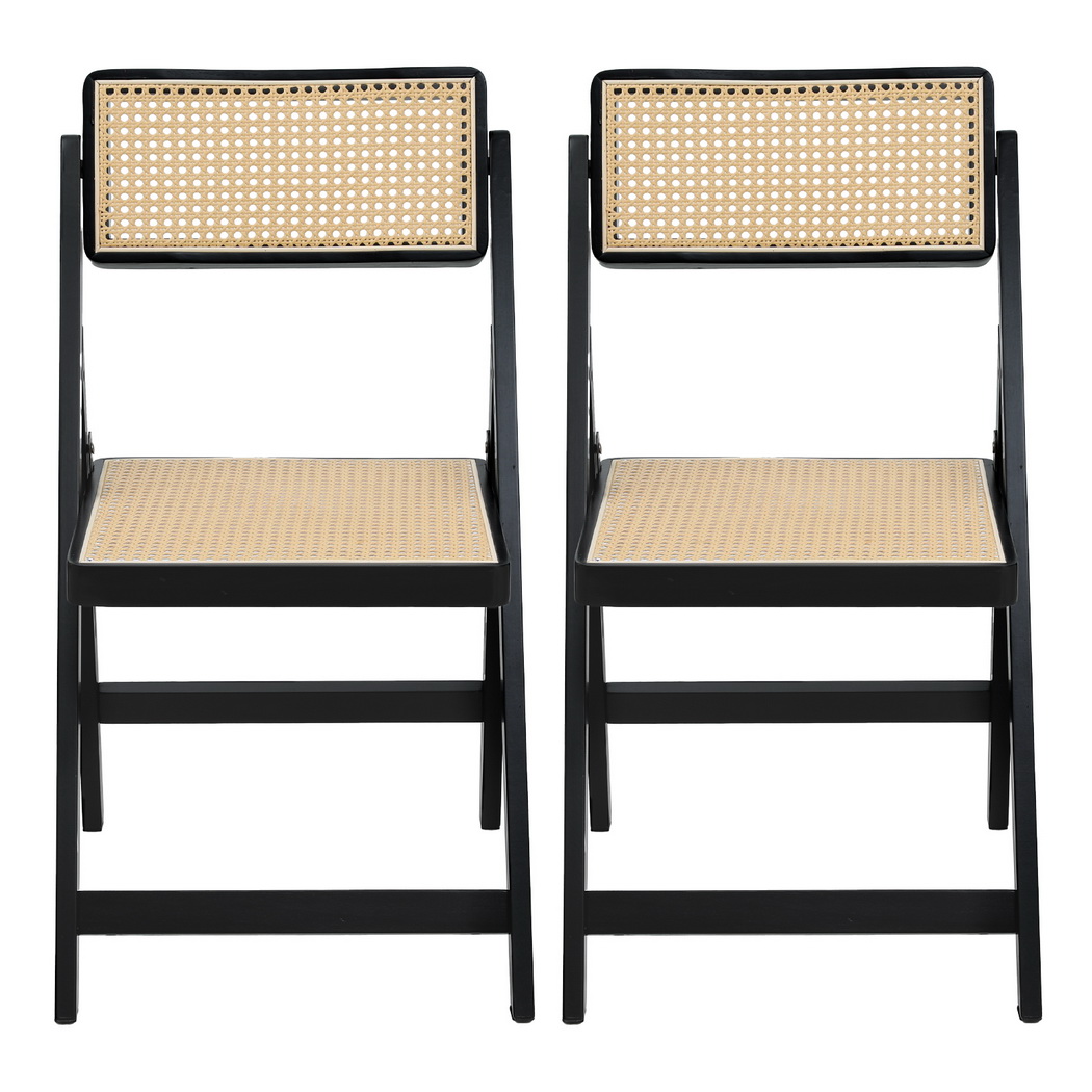 Artiss 2x Dining Chairs Wooden Rattan Foldable Black - Image 3