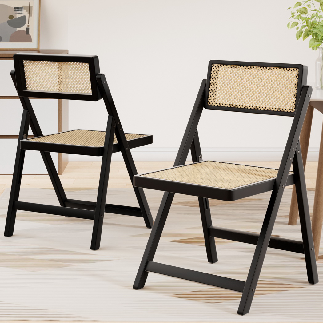 Artiss 2x Dining Chairs Wooden Rattan Foldable Black - Image 7