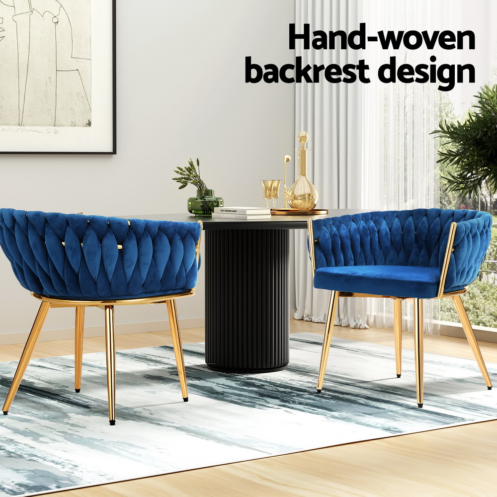 Set of 2 Artiss Dining Chairs Velvet Weaving Armchair Blue - Image 4