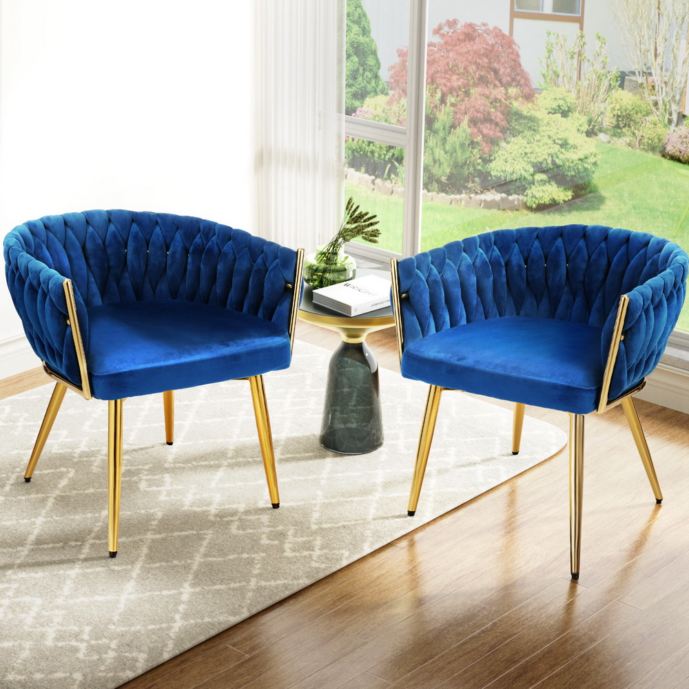Set of 2 Artiss Dining Chairs Velvet Weaving Armchair Blue - Image 7