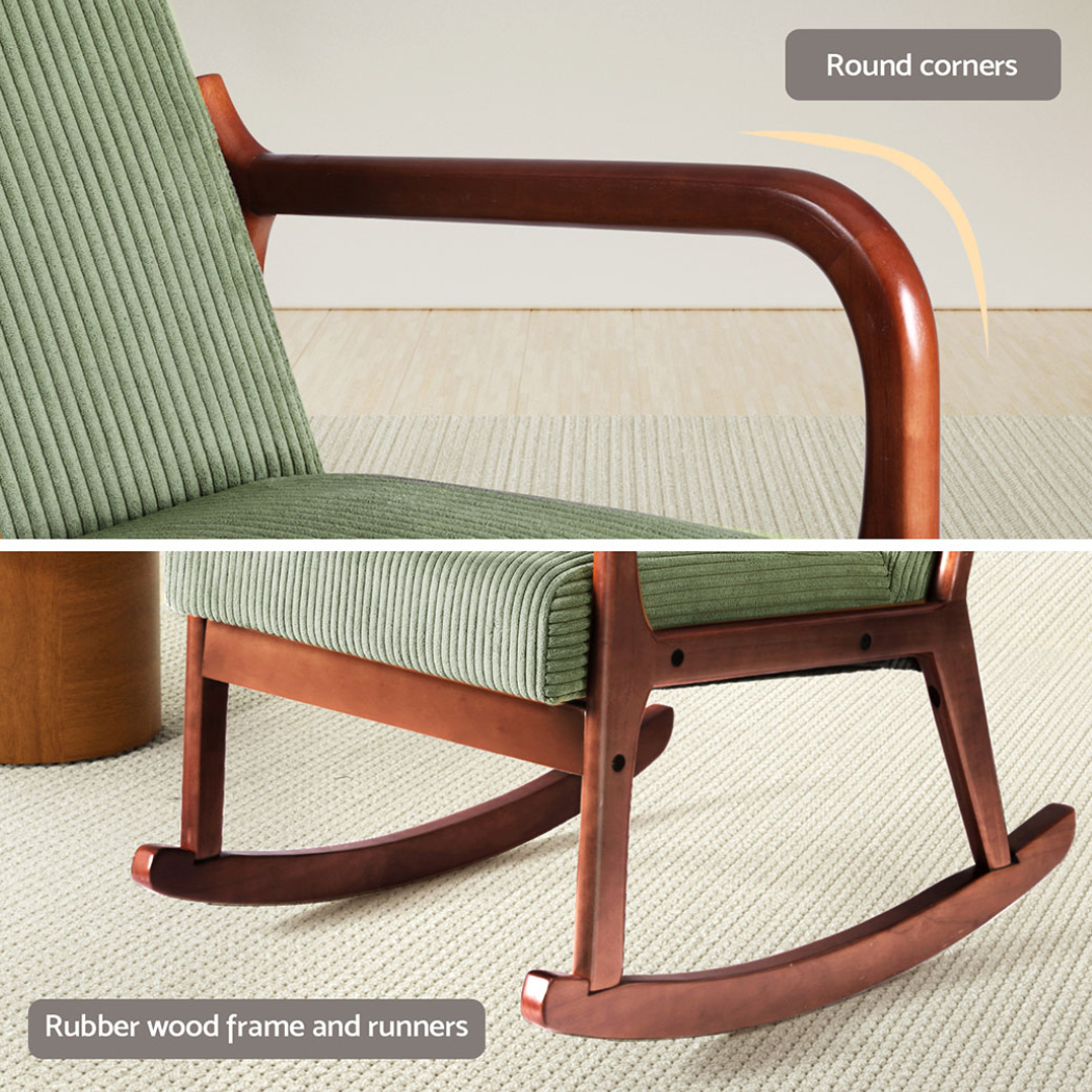 Artiss Rocking Armchair Nursing Chair Corduroy Green - Image 6