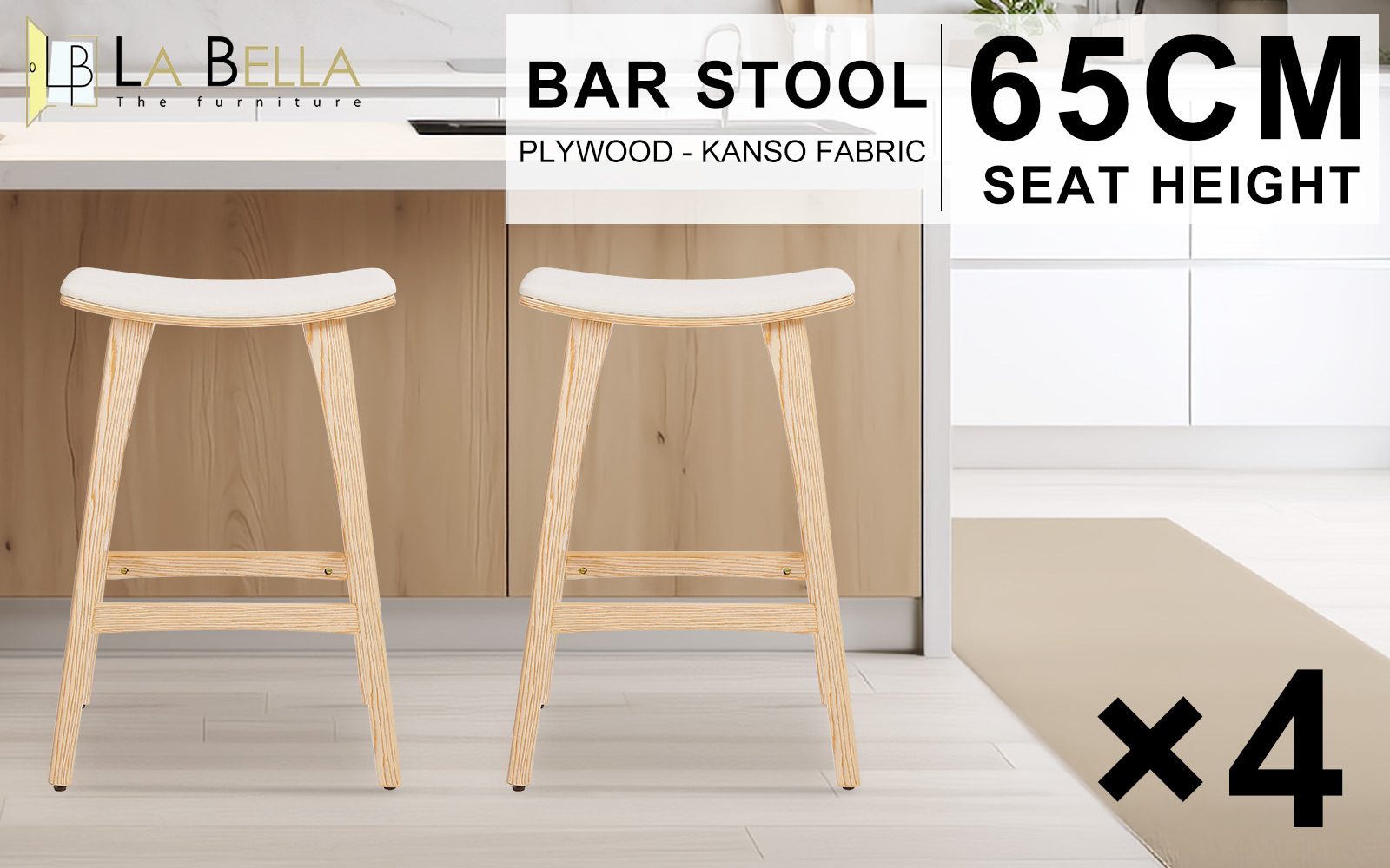 4X Wooden Bar Stool Padded Fabric Dining Chair KANSO 65cm BEIGE - Image 2