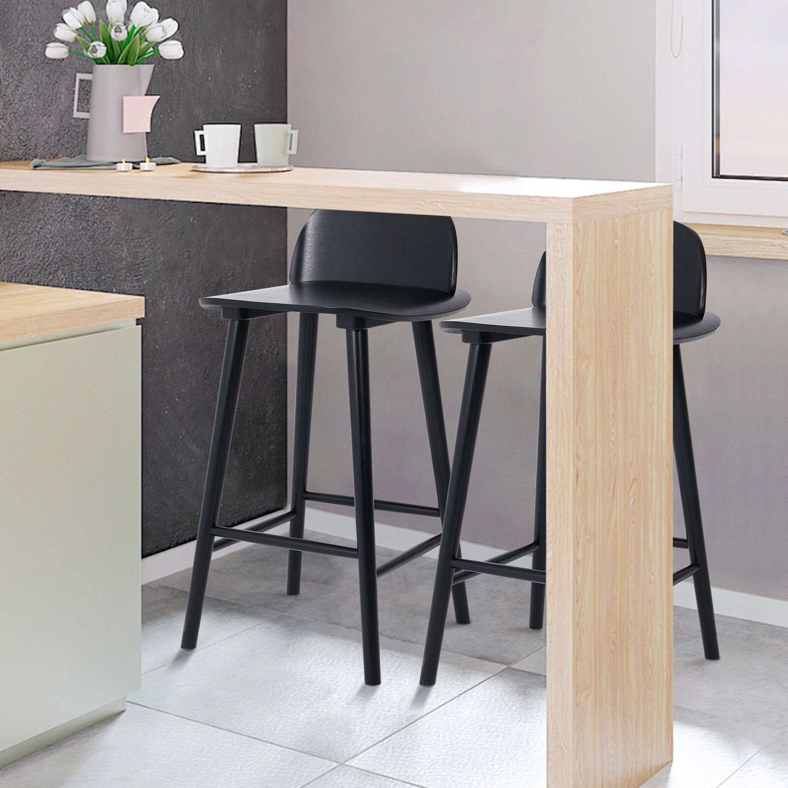 2X Wooden Bar Stool Dining Chair Ash Wood ELISE 65cm BLACK - Image 5