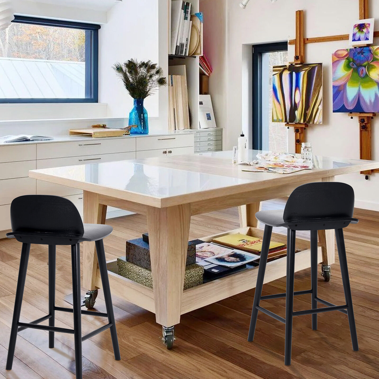 2X Wooden Bar Stool Dining Chair Ash Wood ELISE 65cm BLACK - Image 8
