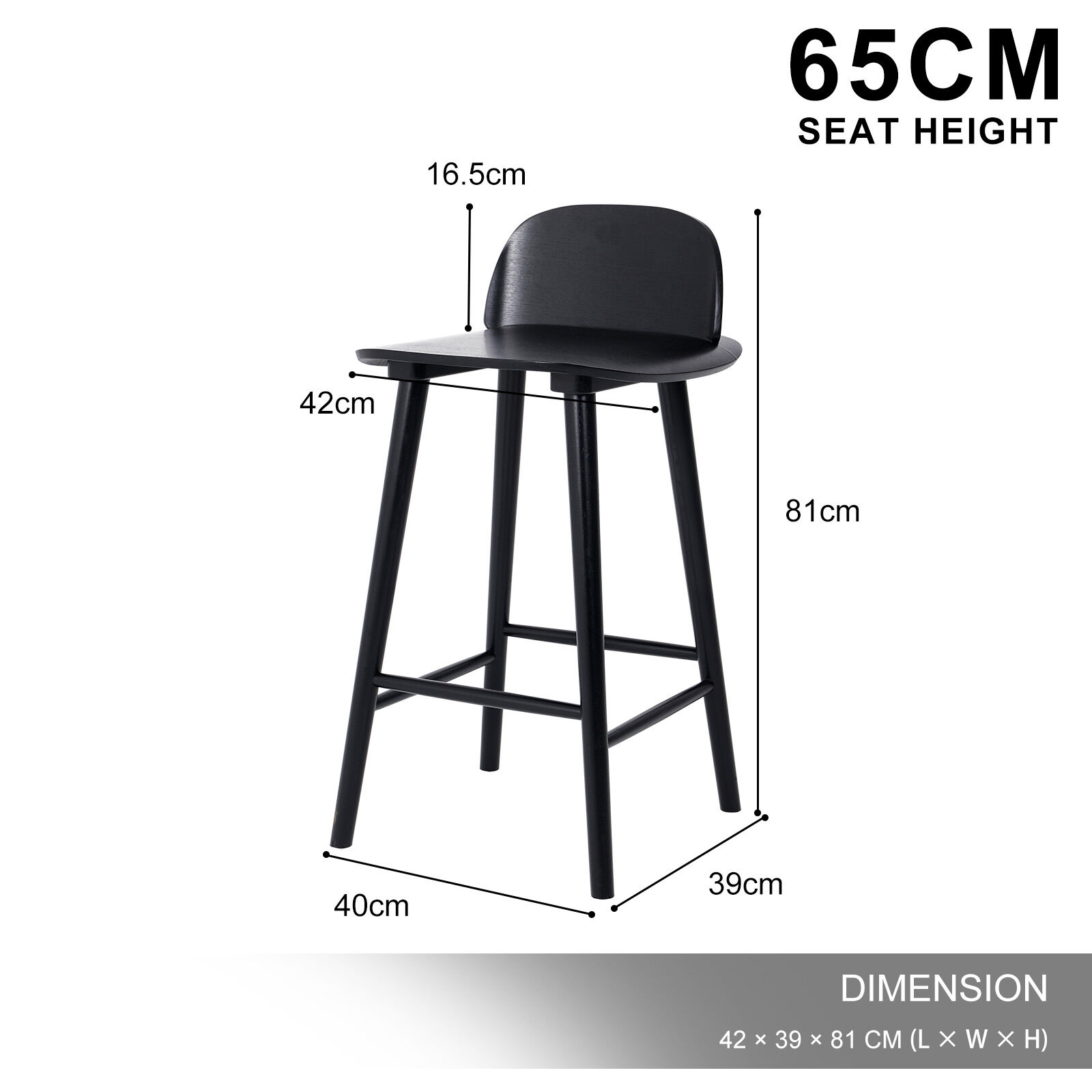 2X Wooden Bar Stool Dining Chair Ash Wood ELISE 65cm BLACK - Image 10