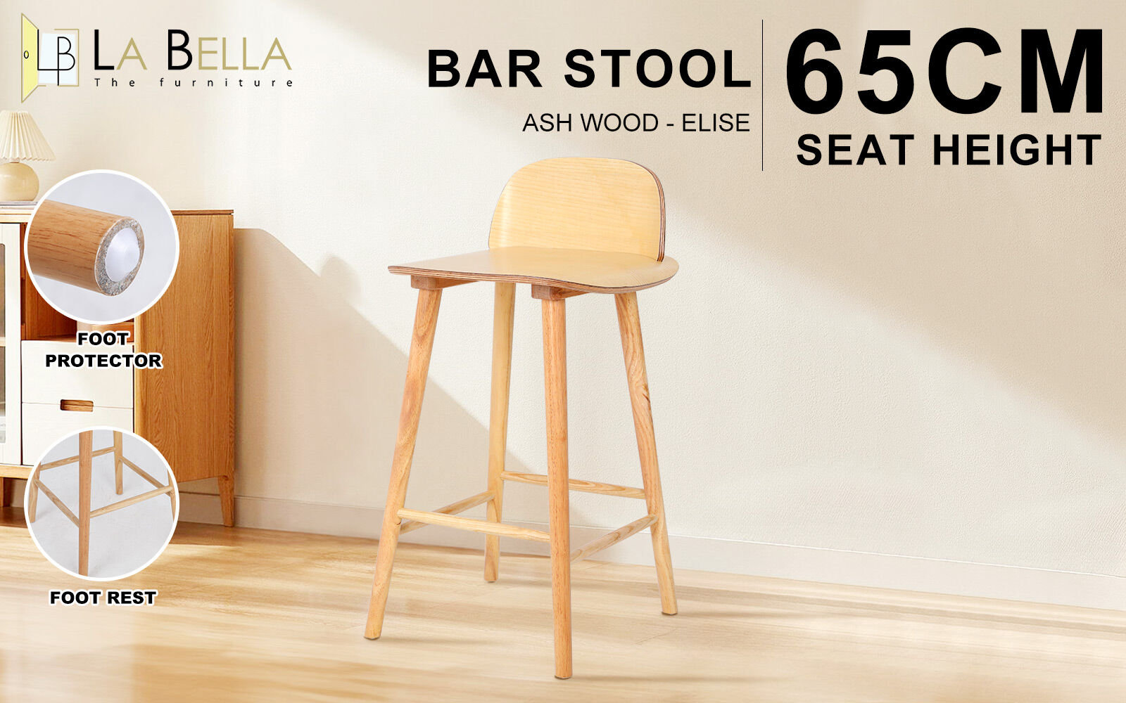 Wooden Bar Stool Dining Chair Ash Wood ELISE 65cm - Image 2