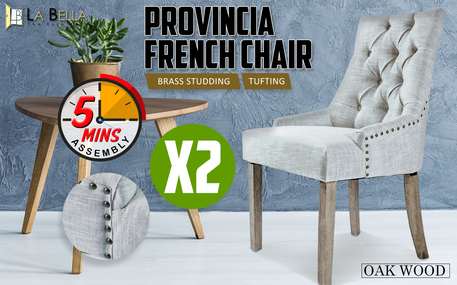2X French Provincial Dining Chair Oak Leg AMOUR GREY - Image 2