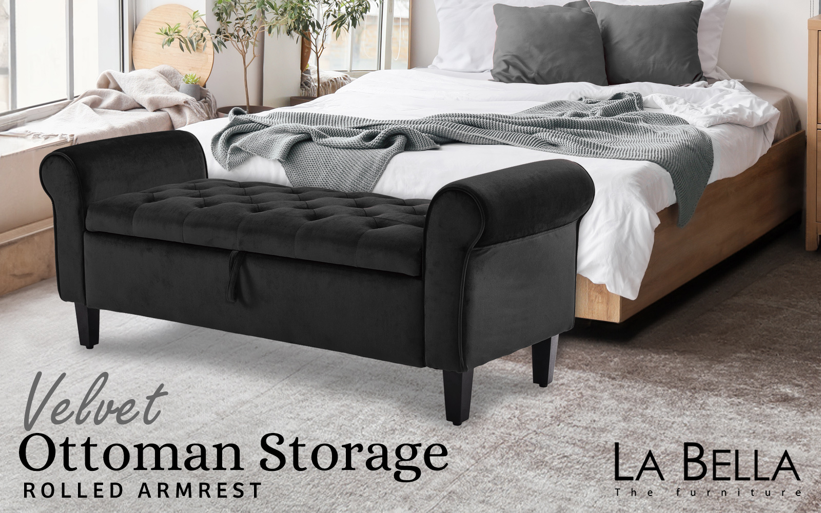 Storage Ottoman Stool Arm Bench Seat 132cm Velvet BLACK - Image 2