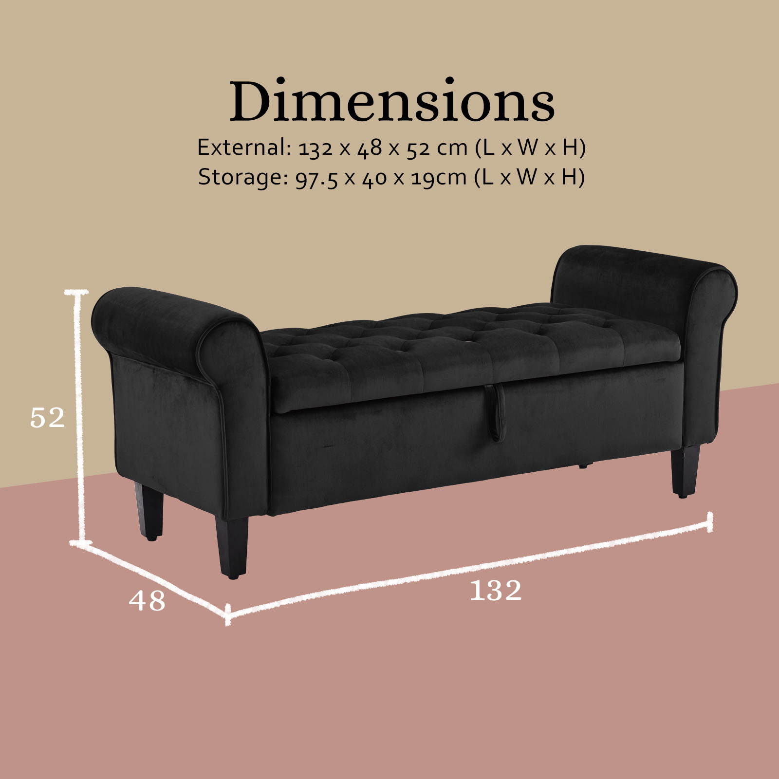 Storage Ottoman Stool Arm Bench Seat 132cm Velvet BLACK - Image 12