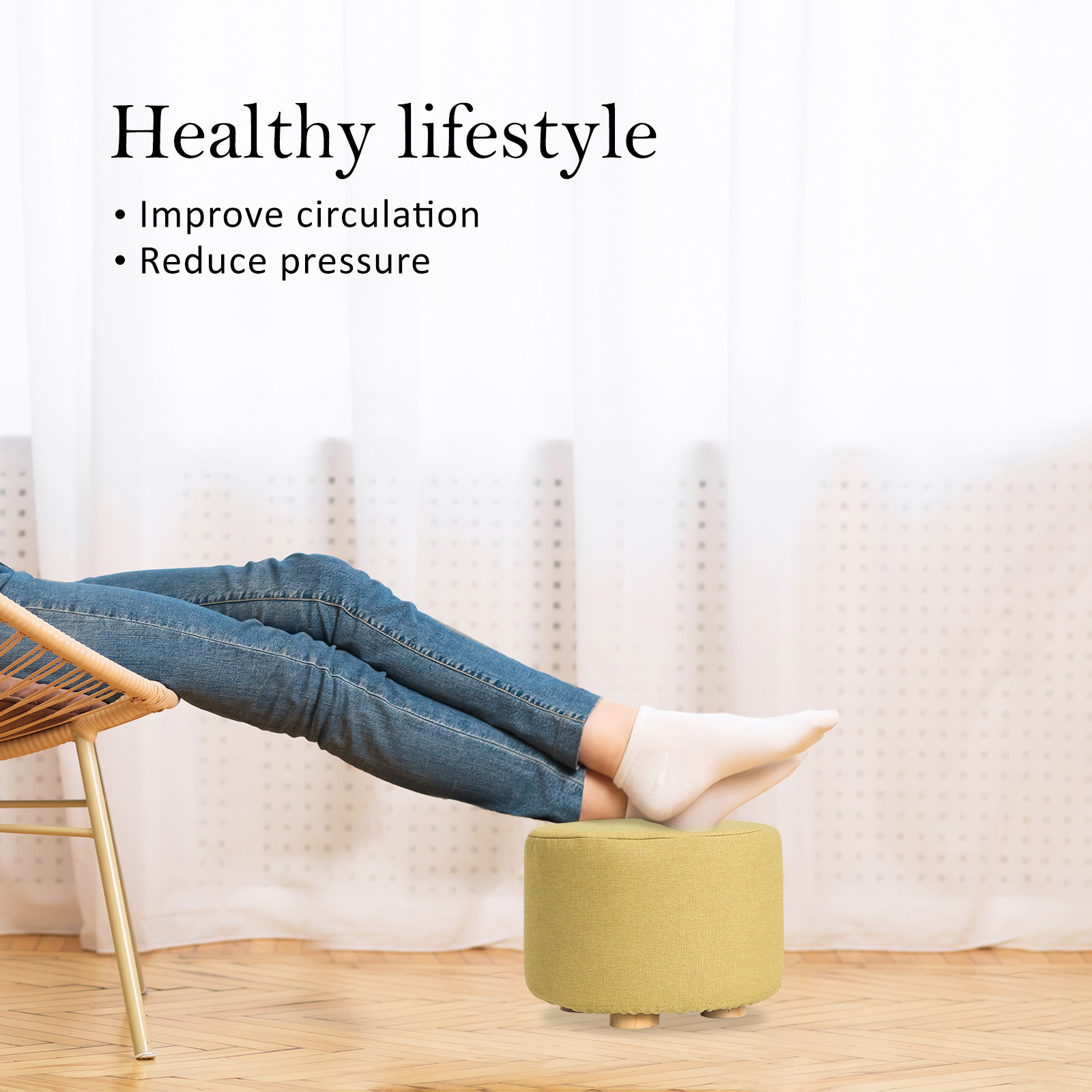 2X Fabric Ottoman Round Wooden Leg Foot Stool - Mustard Yellow - Image 3