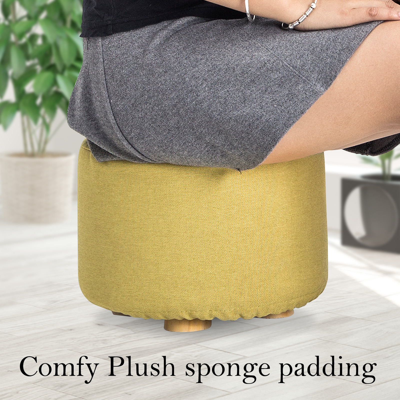2X Fabric Ottoman Round Wooden Leg Foot Stool - Mustard Yellow - Image 5