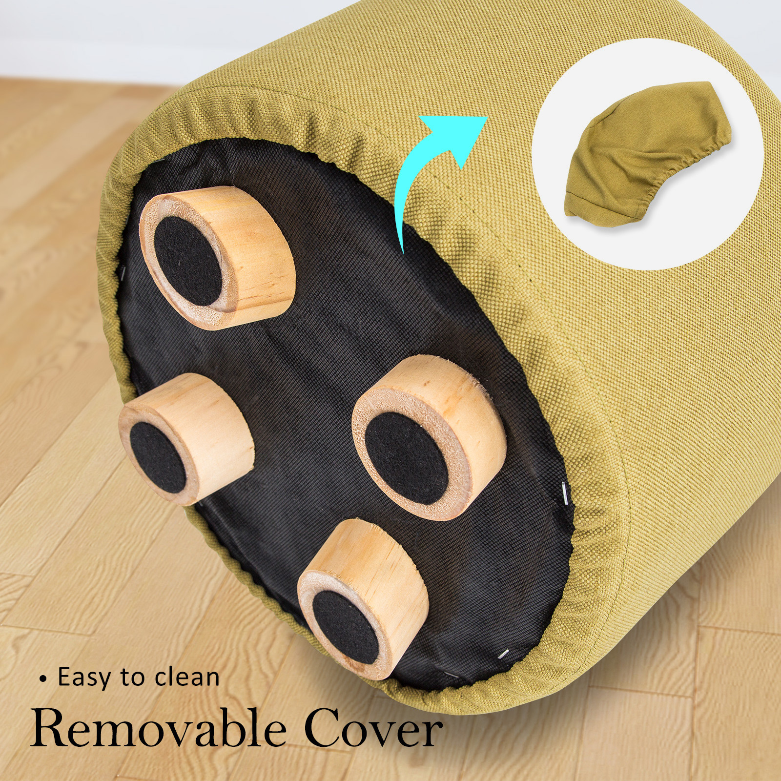 2X Fabric Ottoman Round Wooden Leg Foot Stool - Mustard Yellow - Image 6