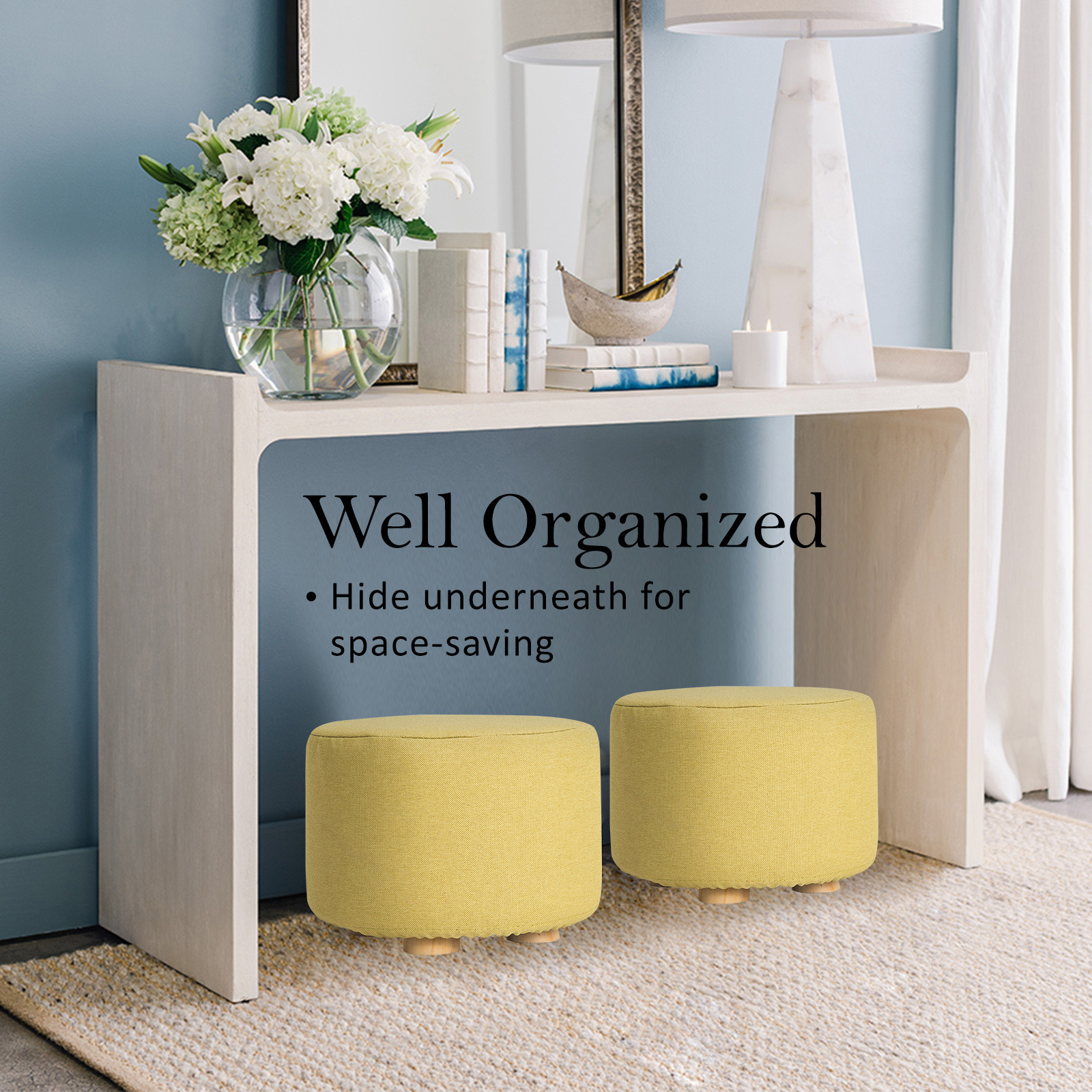 2X Fabric Ottoman Round Wooden Leg Foot Stool - Mustard Yellow - Image 7