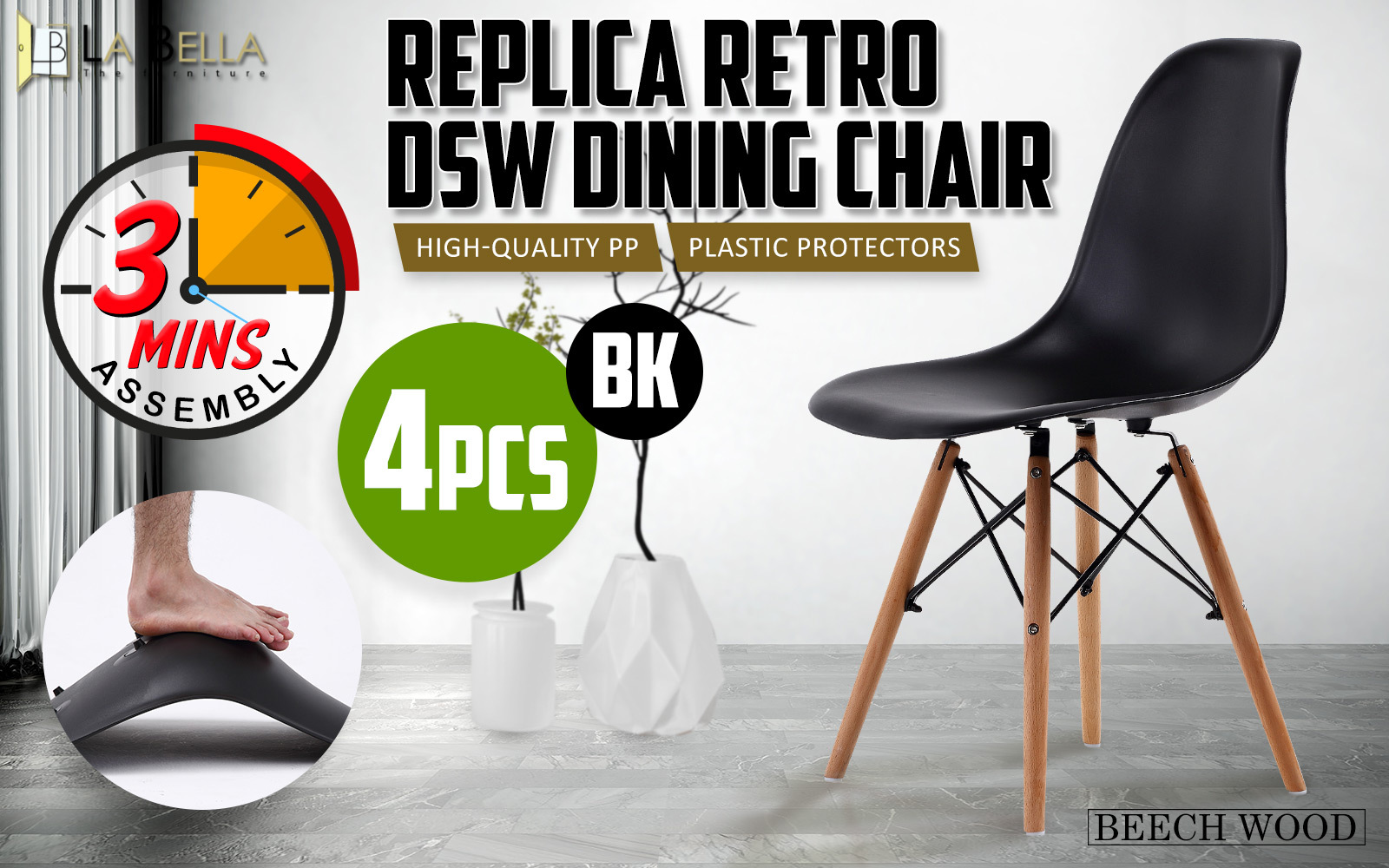 4X Retro Dining Cafe Chair DSW BLACK - Image 2