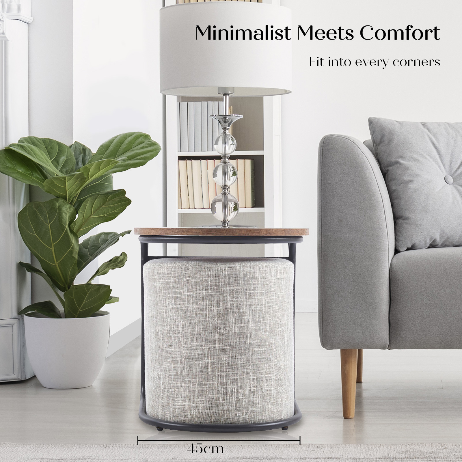 3 Piece Set Coffee Table & Ottoman Wood Side End Table Industrial - CREAM GREY - Image 5