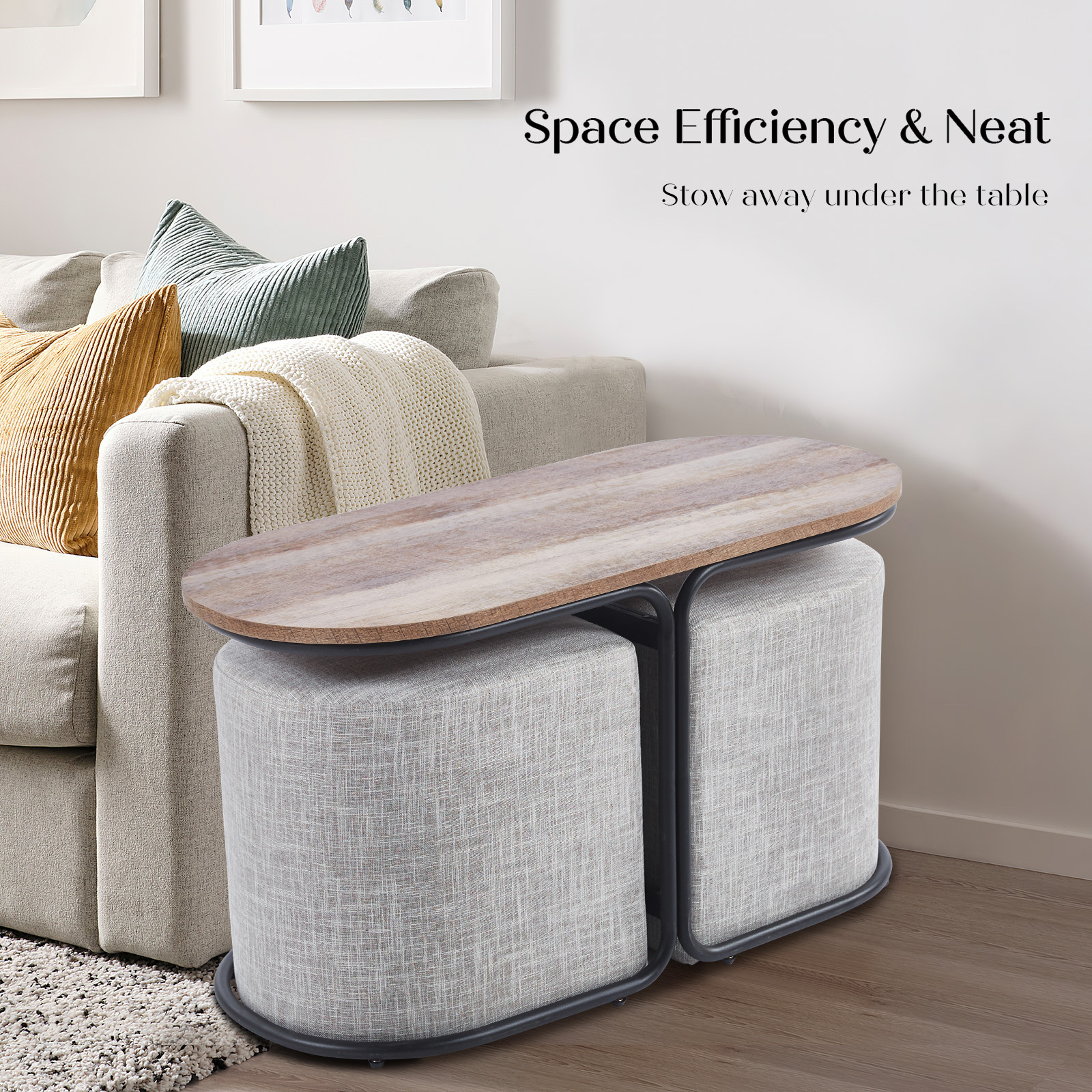 3 Piece Set Coffee Table & Ottoman Wood Side End Table Industrial - CREAM GREY - Image 10
