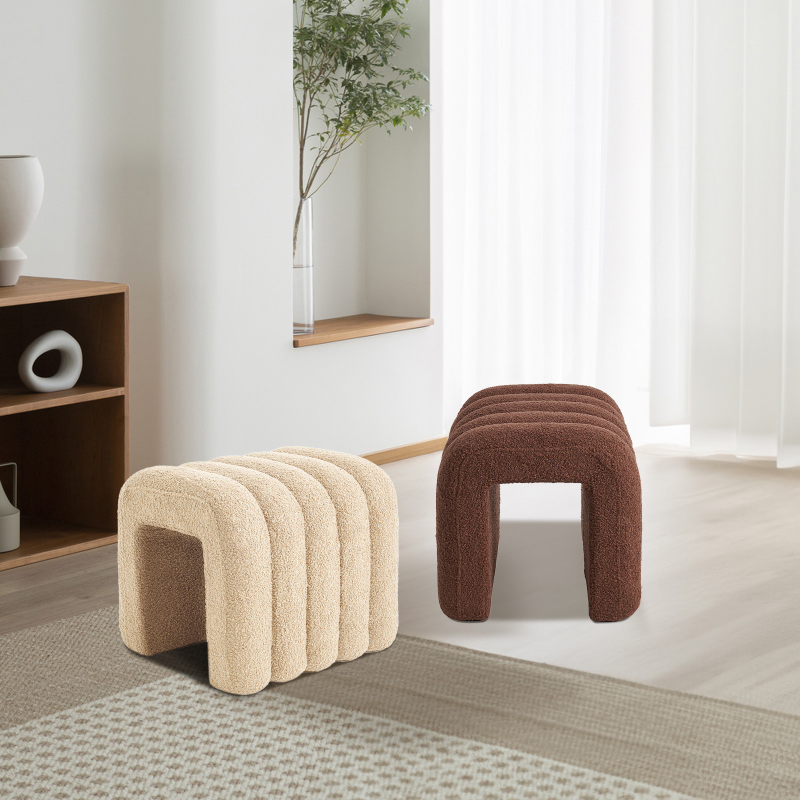 Ridge Arch Ottoman Stool Teddy Fleece Fabric Foot Rest 45cm BEIGE - Image 8
