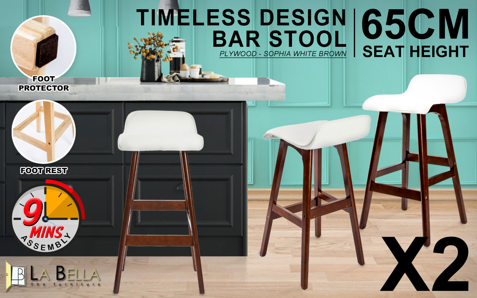 2X Wooden Bar Stool Dining Chair Leather SOPHIA 65cm WHITE BROWN - Image 2