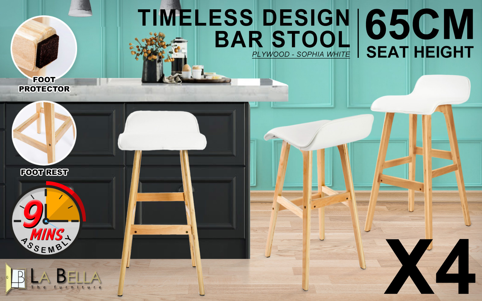 4X Wooden Bar Stool Dining Chair Leather SOPHIA 65cm WHITE - Image 2