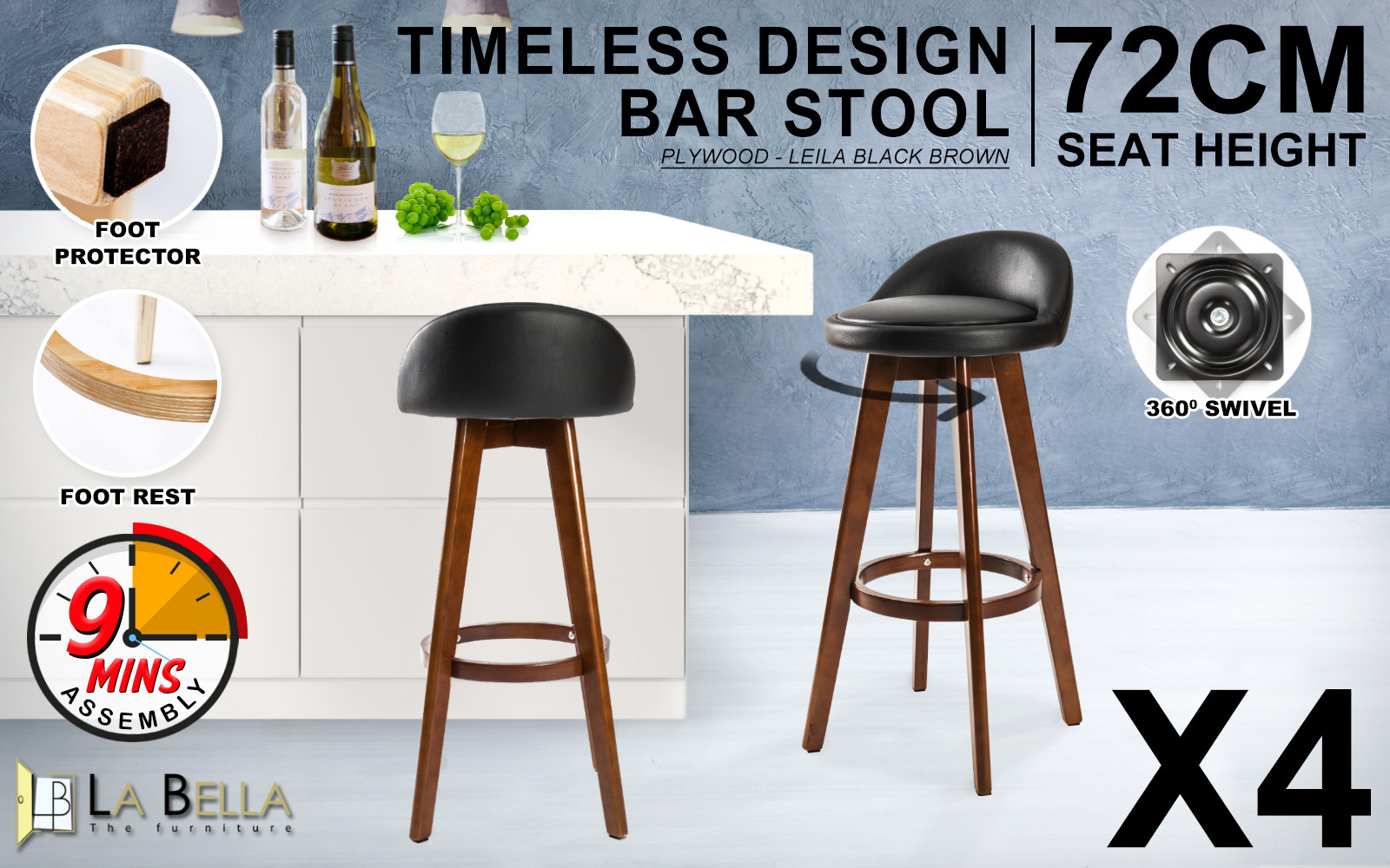 4X Wooden Bar Stool Dining Chair Leather LEILA 72cm BLACK BROWN - Image 2
