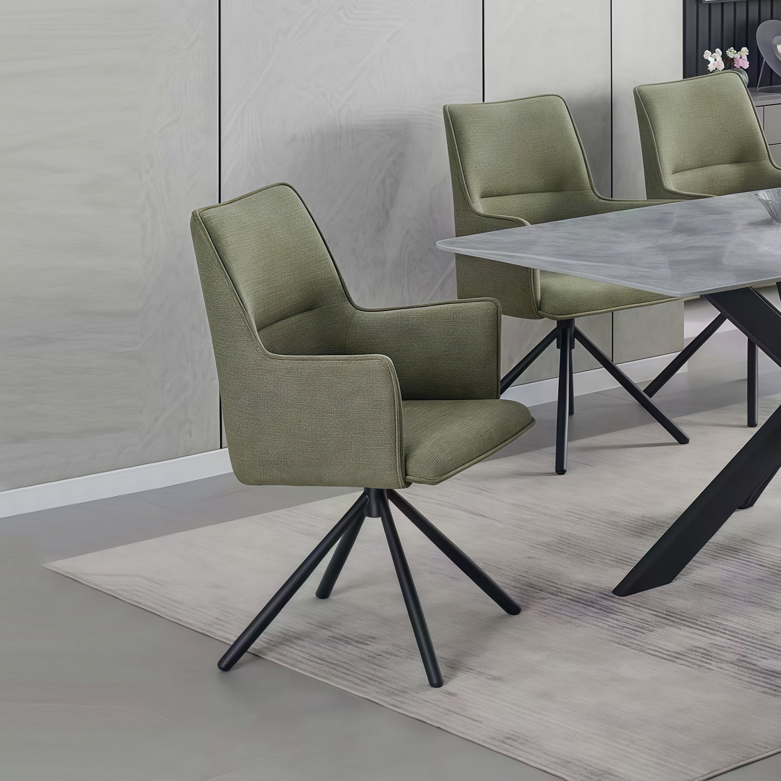 Dining Chair Green Linen Fabric Upholstered Seat Powder Coated Iron Legs