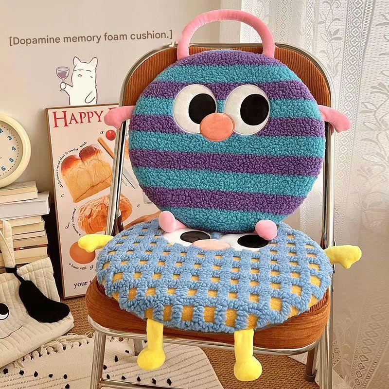 Blue Plaid Cute Cartoon Round Memory Foam Seat Cushion - Detachable & Washable - Image 4