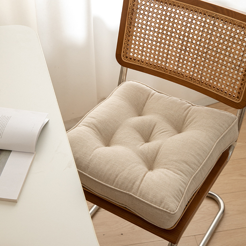 Beige Soft And Thick Seat Cushion - Cotton Linen Blend Chair Pad with Ties - 43x43cm
